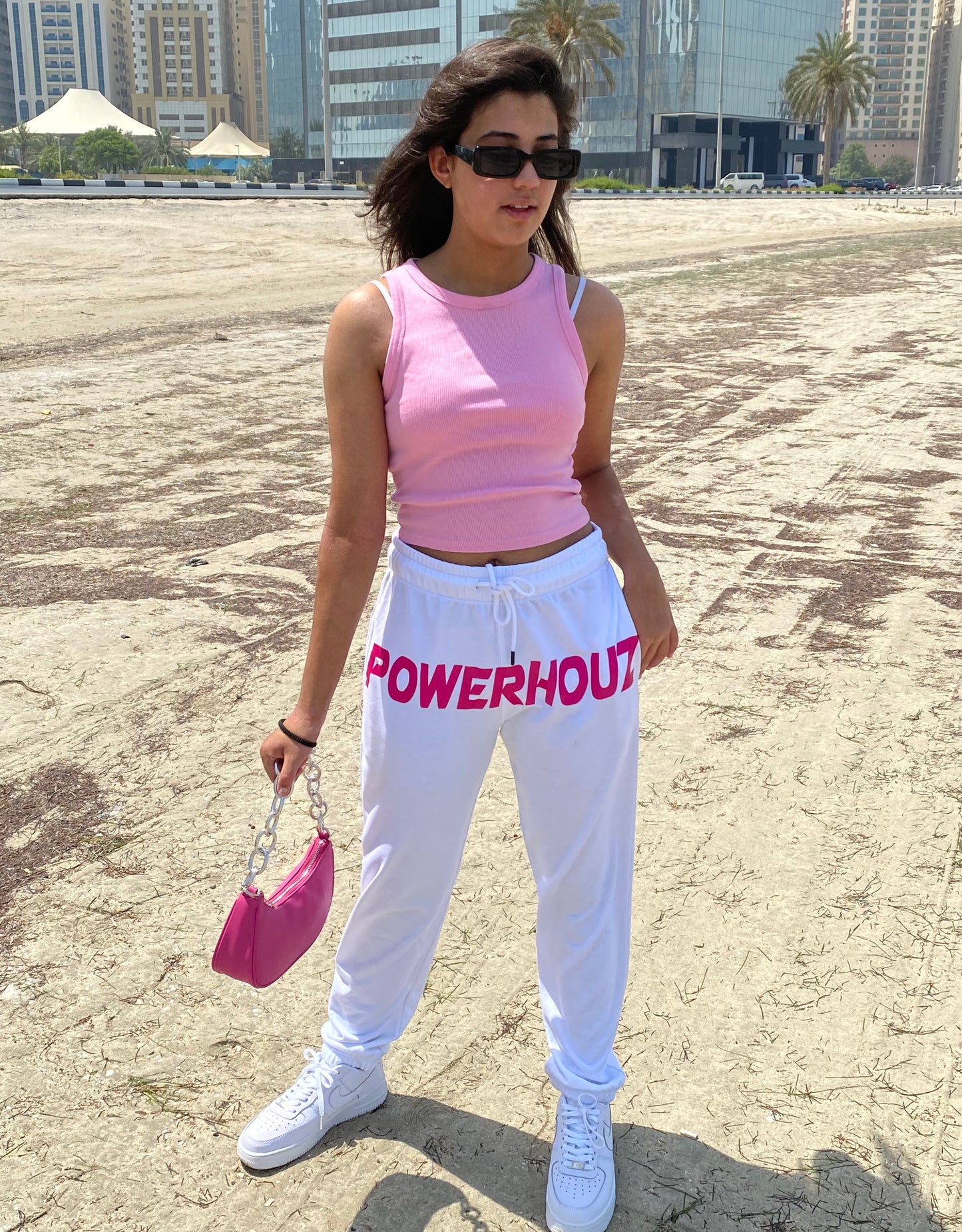 Powerhouz Front Stamped Sweatpants — Pink